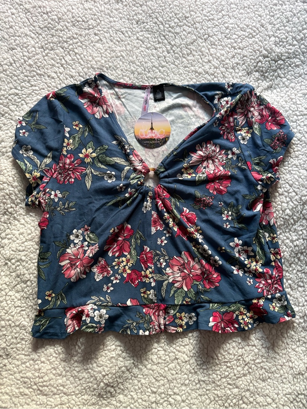Love By Design Navy Floral Twist-Front Crop Top with Pink Flowers